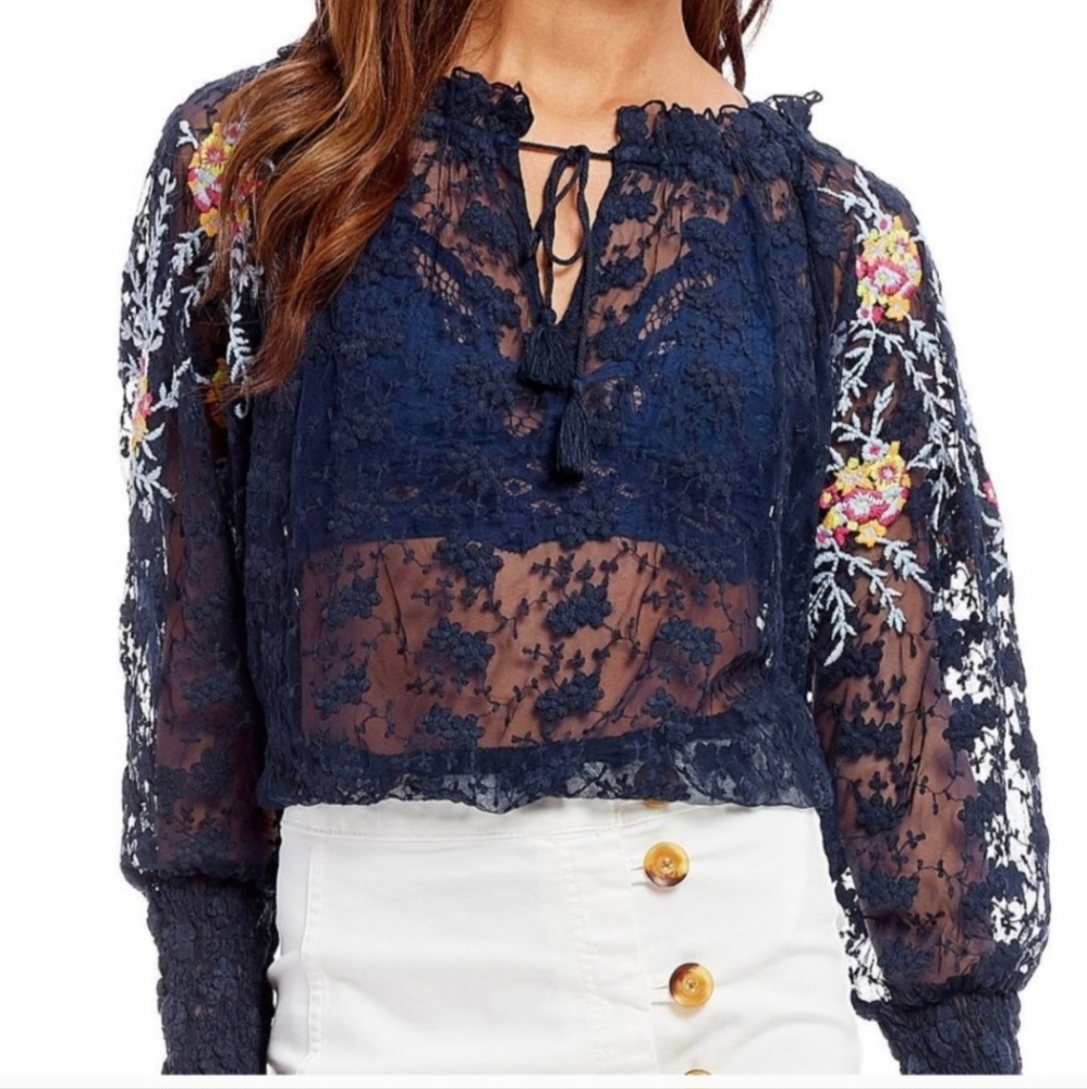 Floral Embroidered Free People Jubilee Long Sleeve Lace Peasant Blouse Large